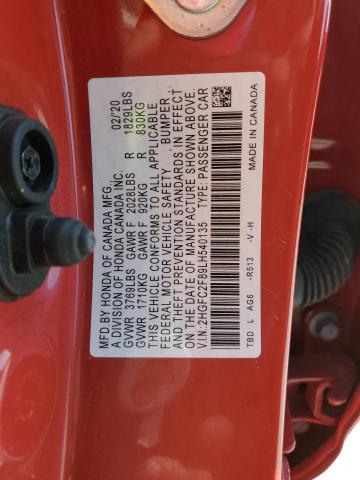 2HGFC2F89LH540135 - 2020 HONDA CIVIC SPORT 红色 照片 12