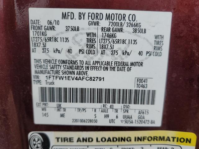 1FTFW1EV4AFC82791 - 2010 FORD F150 SUPERCREW BURGUNDY photo 12