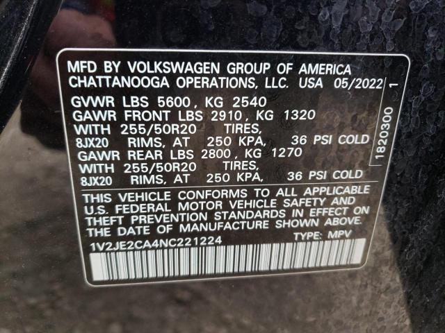 1V2JE2CA4NC221224 - 2022 VOLKSWAGEN ATLAS CROS SE BLACK photo 12