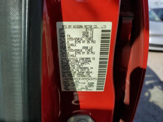 1N6ED29X93C455225 - 2003 NISSAN FRONTIER CREW CAB XE RED photo 12