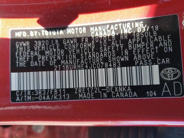 2T1BURHE4JC078483 - 2018 TOYOTA COROLLA L RED photo 12