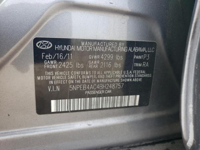 5NPEB4AC4BH248757 - 2011 HYUNDAI SONATA GLS GRAY photo 12