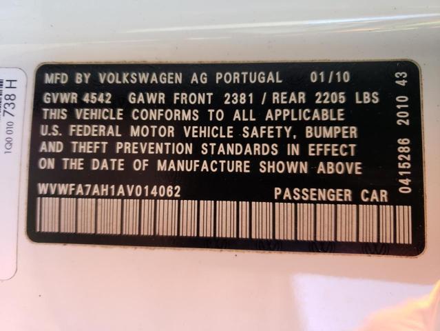 WVWFA7AH1AV014062 - 2010 VOLKSWAGEN EOS LUX 白色 照片 12
