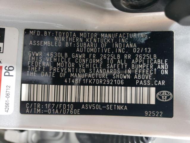 4T4BF1FK7DR292106 - 2013 TOYOTA CAMRY L SILVER photo 12