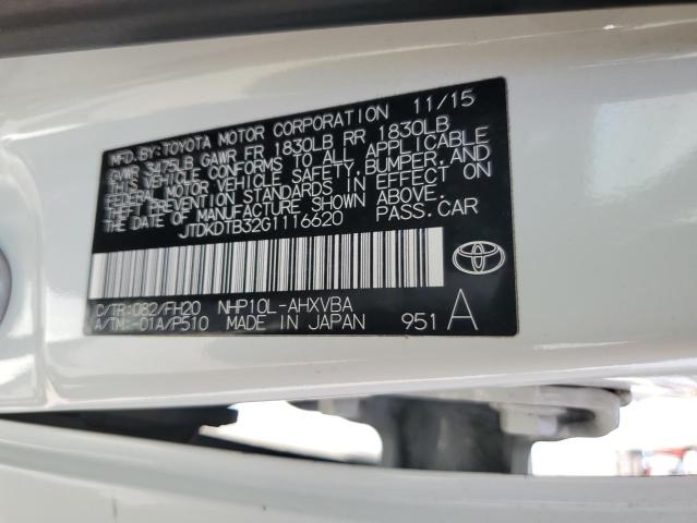 JTDKDTB32G1116620 - 2016 TOYOTA PRIUS C WHITE photo 12