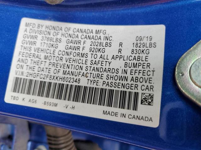 2HGFC2F8XKH602348 - 2019 HONDA CIVIC SPORT 蓝色 照片 13