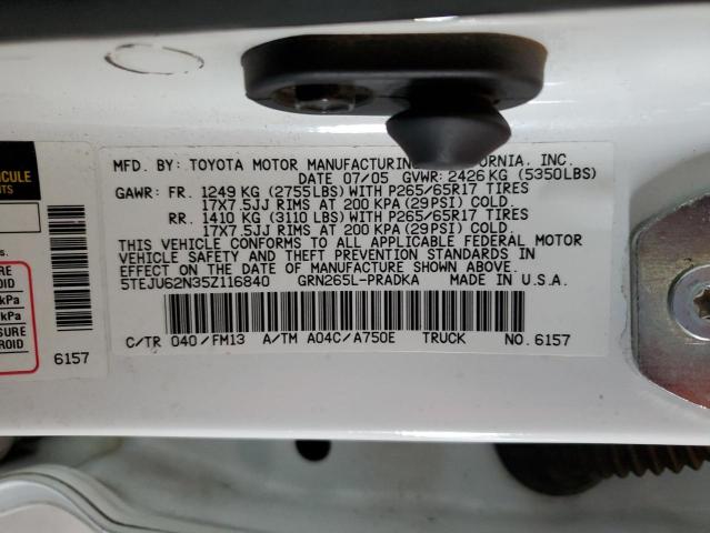 5TEJU62N35Z116840 - 2005 TOYOTA TACOMA DOUBLE CAB PRERUNNER WHITE photo 12