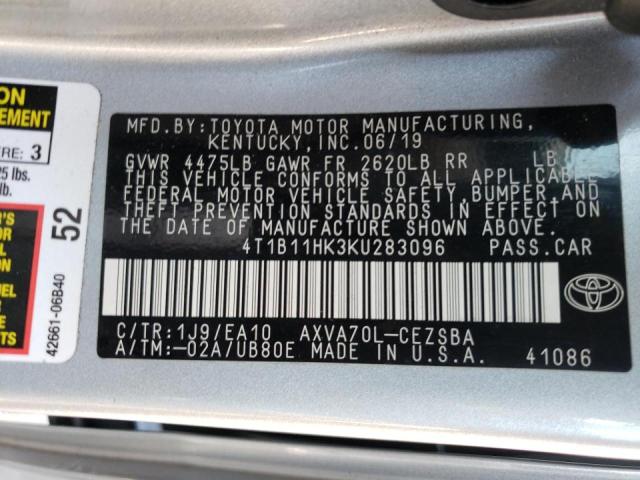 4T1B11HK3KU283096 - 2019 TOYOTA CAMRY L SILVER photo 10