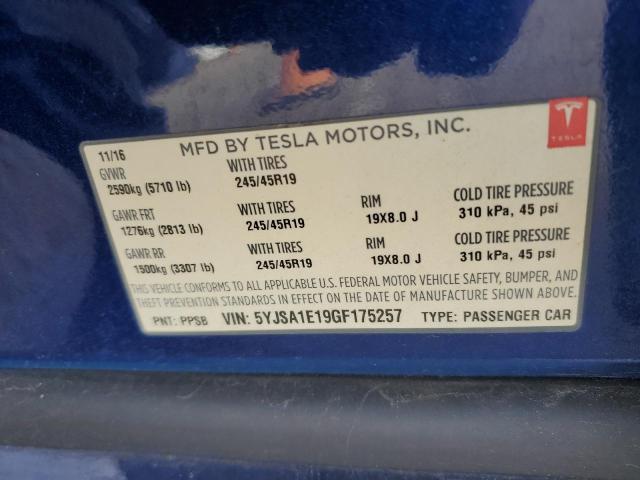 5YJSA1E19GF175257 - 2016 TESLA MODEL S BLUE photo 12