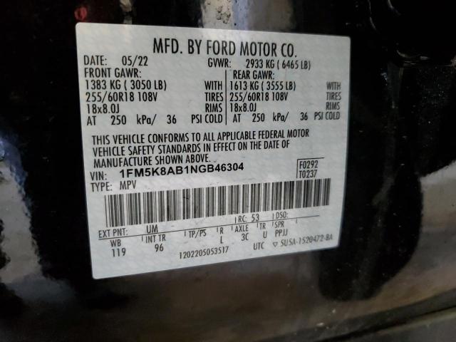 1FM5K8AB1NGB46304 - 2022 FORD EXPLORER POLICE INTERCEPTOR შავი ფოტო 12