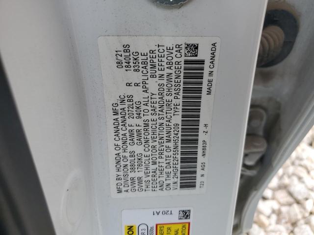 2HGFE2F55NH524209 - 2022 HONDA CIVIC SPORT WHITE photo 12