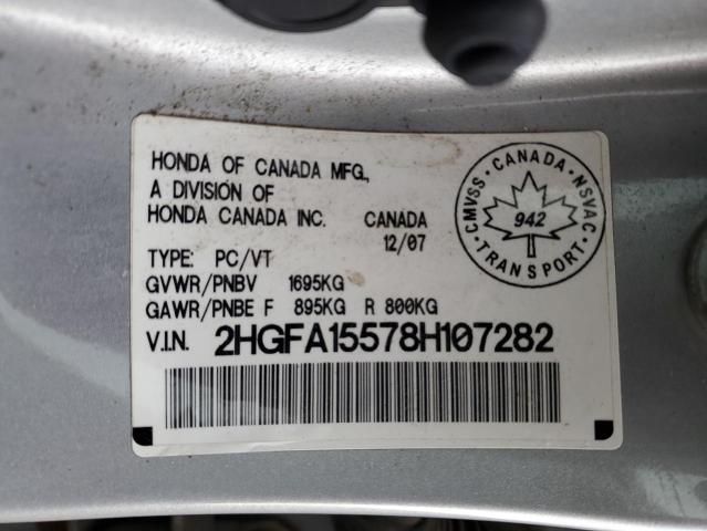 2HGFA15578H107282 - 2008 HONDA CIVIC LX SILVER photo 12