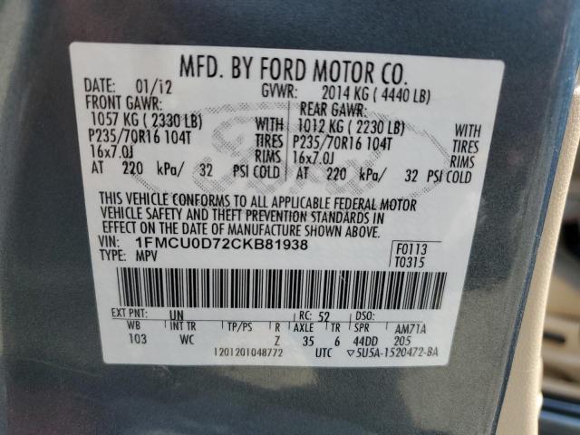 1FMCU0D72CKB81938 - 2012 FORD ESCAPE XLT BLUE photo 12