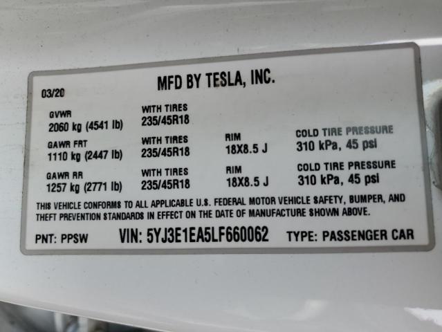 5YJ3E1EA5LF660062 - 2020 TESLA MODEL 3 WHITE photo 12