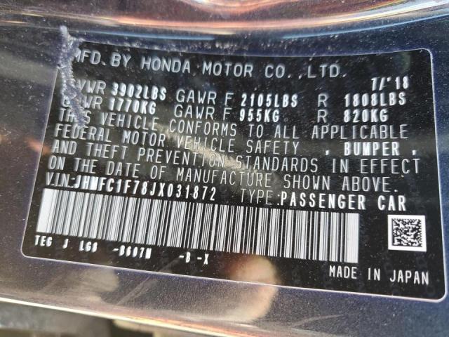 JHMFC1F78JX031872 - 2018 HONDA CIVIC EXL BLUE photo 12