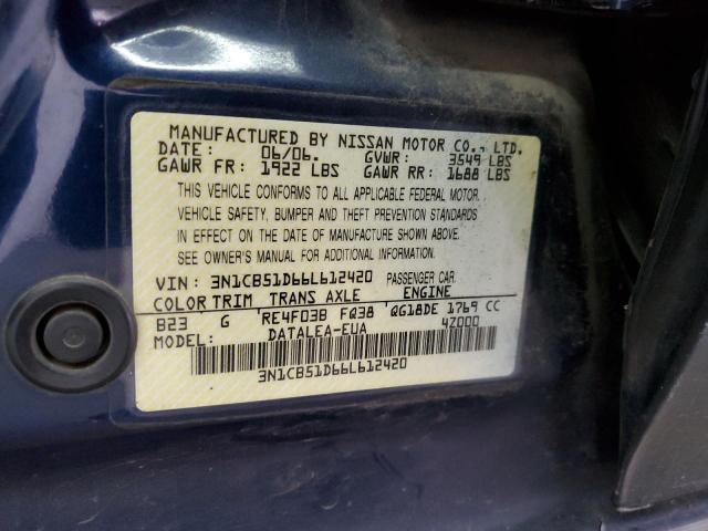 3N1CB51D66L612420 - 2006 NISSAN SENTRA 1.8 BLUE photo 12