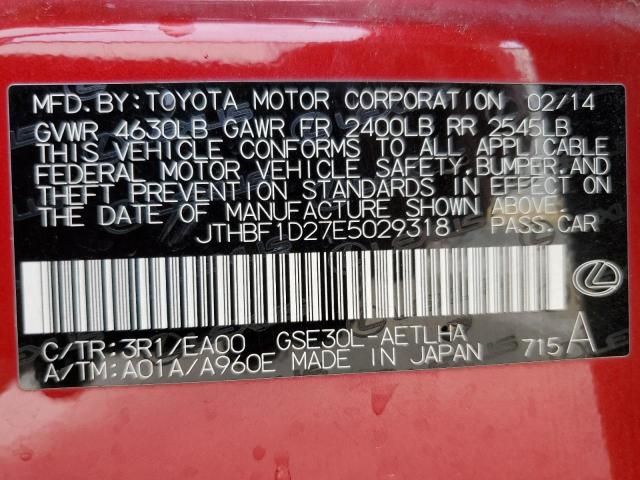 JTHBF1D27E5029318 - 2014 LEXUS IS 250 RED photo 12