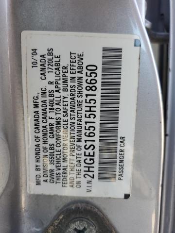 2HGES16515H518650 - 2005 HONDA CIVIC LX SILVER photo 13