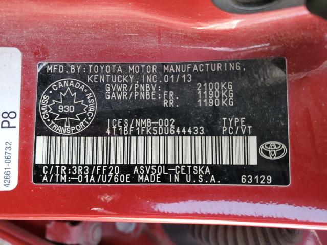 4T1BF1FK5DU644433 - 2013 TOYOTA CAMRY L RED photo 12