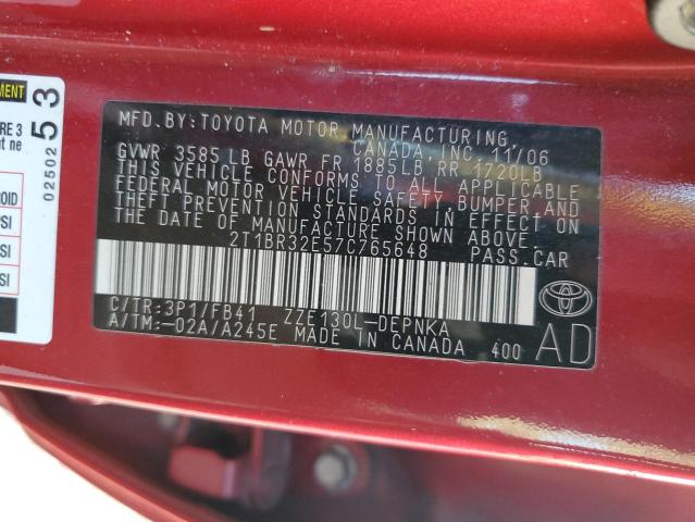 2T1BR32E57C765648 - 2007 TOYOTA COROLLA CE RED photo 12