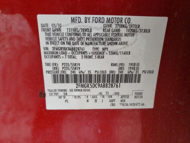 2FMGK5DC9ABB28761 - 2010 FORD FLEX LIMITED RED photo 13