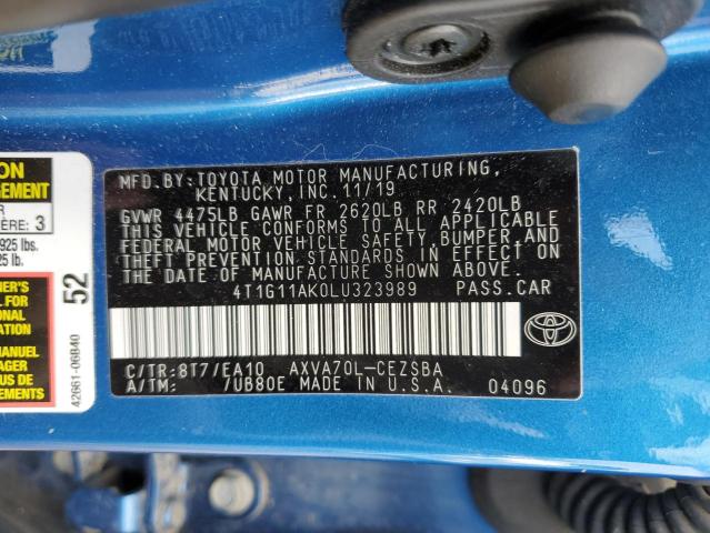 4T1G11AK0LU323989 - 2020 TOYOTA CAMRY SE BLUE photo 12