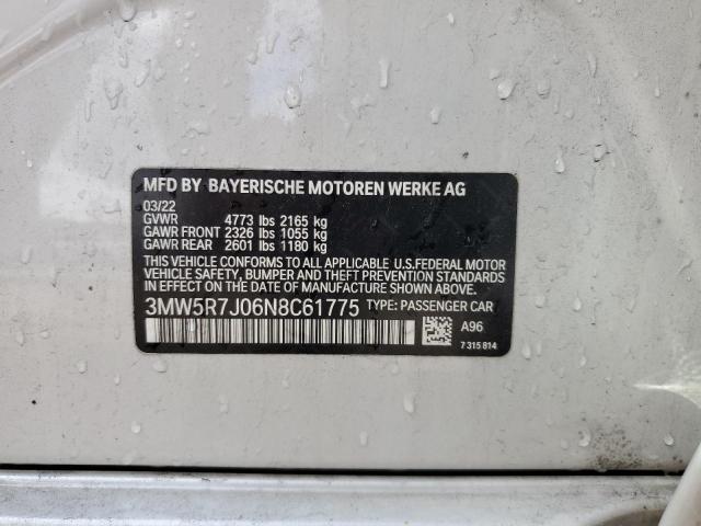 3MW5R7J06N8C61775 - 2022 BMW 330XI WHITE photo 13