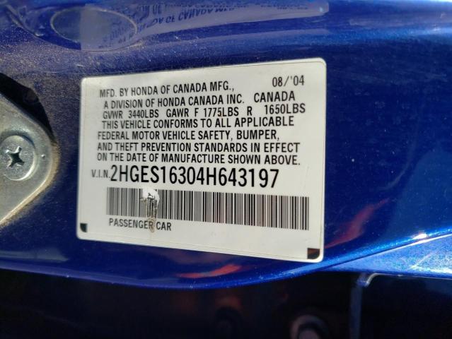 2HGES16304H643197 - 2004 HONDA CIVIC DX VP Mavi foto 12
