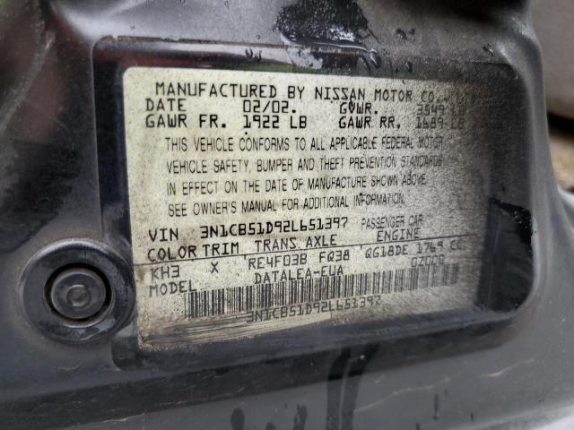 3N1CB51D92L651397 - 2002 NISSAN SENTRA XE BLACK photo 12