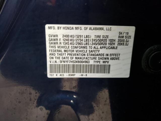5FNYF7H53KB004963 - 2019 HONDA PASSPORT EXL BLUE photo 13