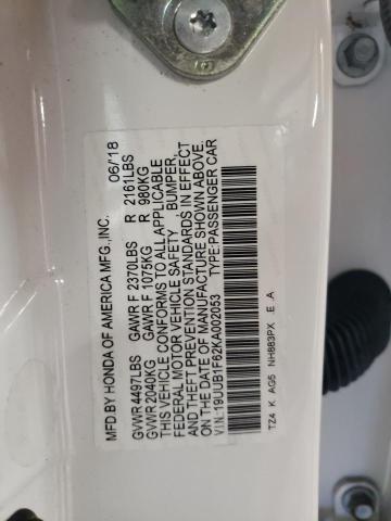 19UUB1F62KA002053 - 2019 ACURA TLX TECHNOLOGY WHITE photo 12