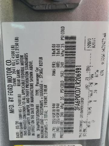 3FA6P0CD7LR206981 - 2020 FORD FUSION SEL SILVER photo 13