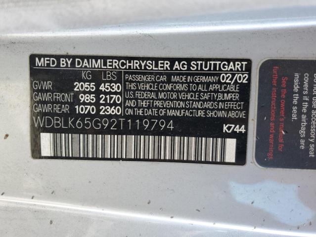 WDBLK65G92T119794 - 2002 MERCEDES-BENZ CLK 320 SILVER photo 12