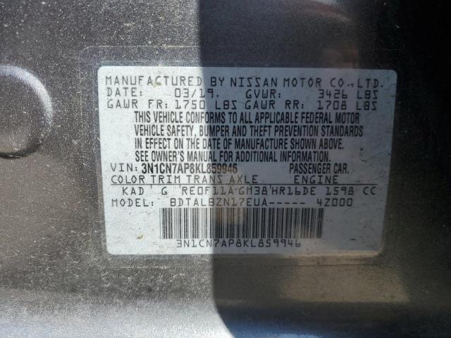 3N1CN7AP8KL859946 - 2019 NISSAN VERSA S GRAY photo 12