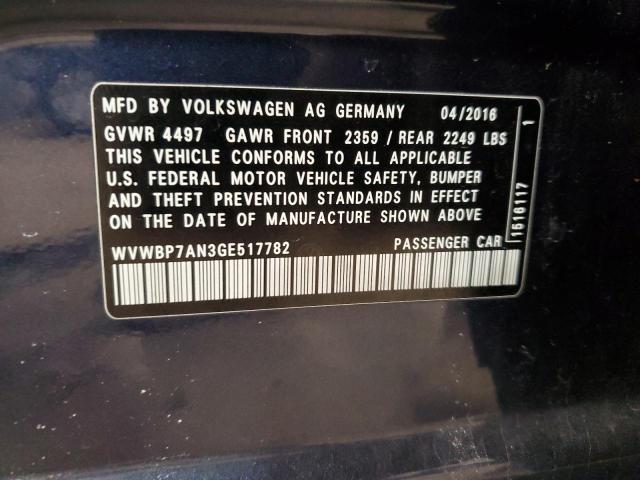WVWBP7AN3GE517782 - 2016 VOLKSWAGEN CC BASE BLUE photo 12