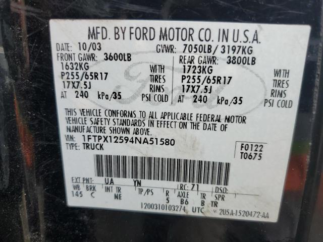 1FTPX12594NA51580 - 2004 FORD F150 BLACK photo 12