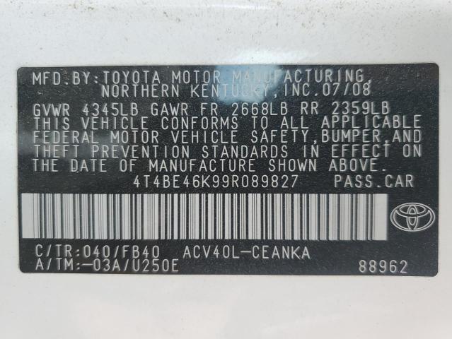 4T4BE46K99R089827 - 2009 TOYOTA CAMRY BASE WHITE photo 12