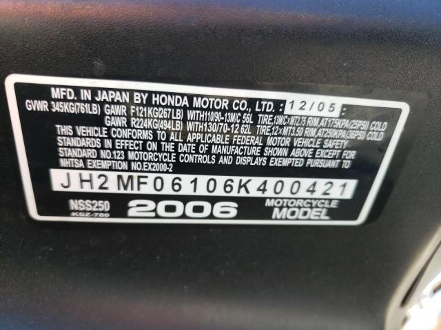 JH2MF06106K400421 - 2006 HONDA NSS250 BLUE photo 10