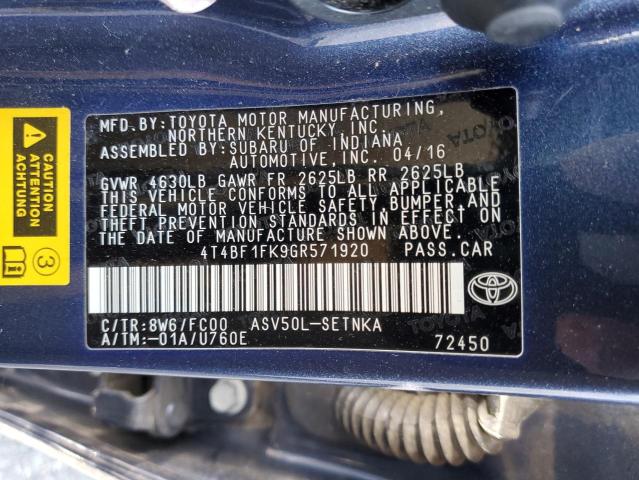 4T4BF1FK9GR571920 - 2016 TOYOTA CAMRY LE BLUE photo 12