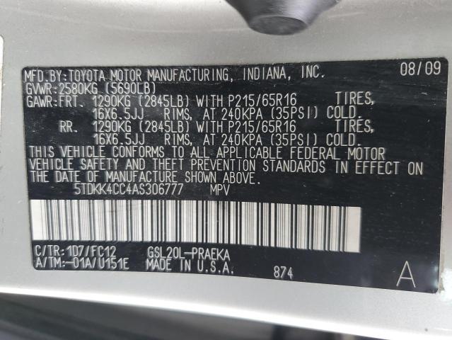 5TDKK4CC4AS306777 - 2010 TOYOTA SIENNA CE SILVER photo 13