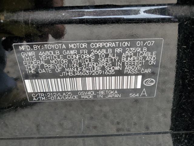 JTHBJ46G372091635 - 2007 LEXUS ES 350 BLACK photo 12