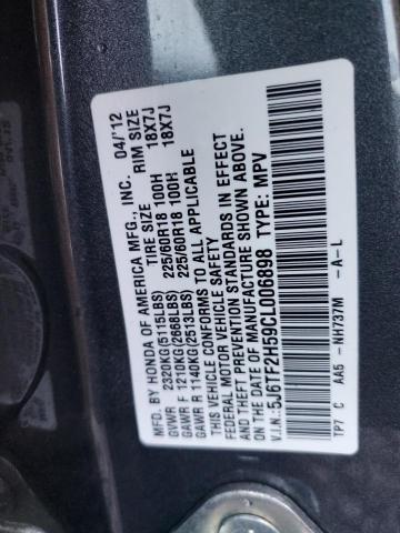 5J6TF2H59CL006898 - 2012 HONDA CROSSTOUR EXL ნაცრისფერი ფოტო 12