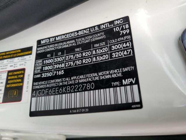 4JGDF6EE6KB222780 - 2019 MERCEDES-BENZ GLS 450 4MATIC WHITE photo 12