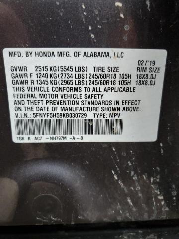 5FNYF5H59KB030729 - 2019 HONDA PILOT EXL GRAY photo 14