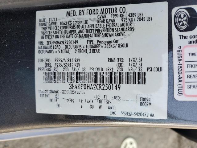 3FAHP0HA2CR250149 - 2012 FORD FUSION SE GRAY photo 12