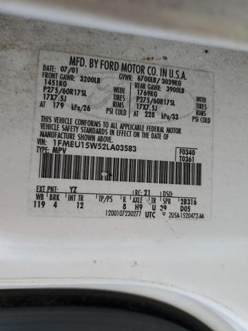 1FMEU15W52LA03583 - 2002 FORD EXPEDITION XLT WHITE photo 13
