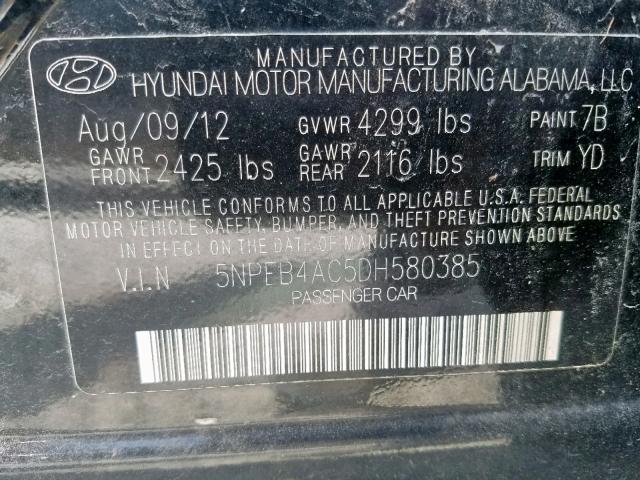 5NPEB4AC5DH580385 - 2013 HYUNDAI SONATA GLS  photo 10