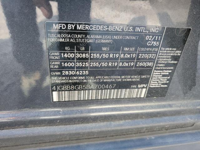 4JGBB8GB5BA700467 - 2011 MERCEDES-BENZ ML 350 4MATIC GRAY photo 13