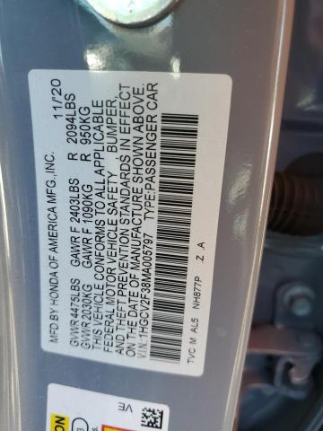 1HGCV2F38MA005797 - 2021 HONDA ACCORD SPORT GRAY photo 12