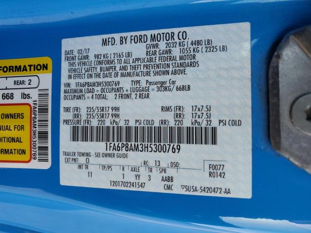 1FA6P8AM3H5300769 - 2017 FORD MUSTANG BLUE photo 12